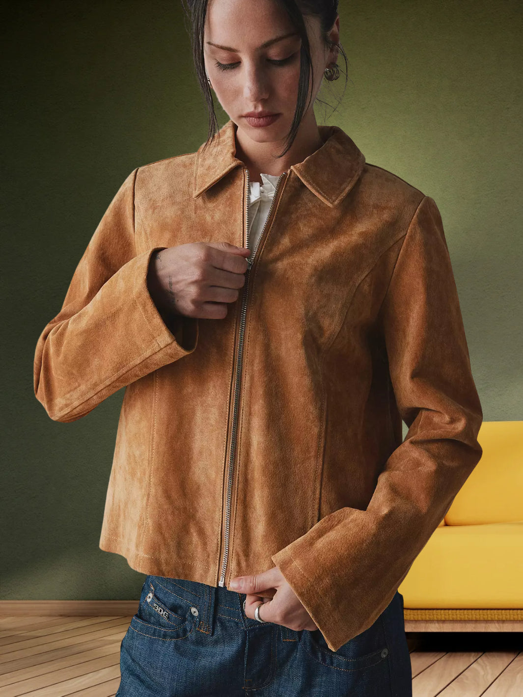 Suede Zip-Front Shirt Collar Jacket