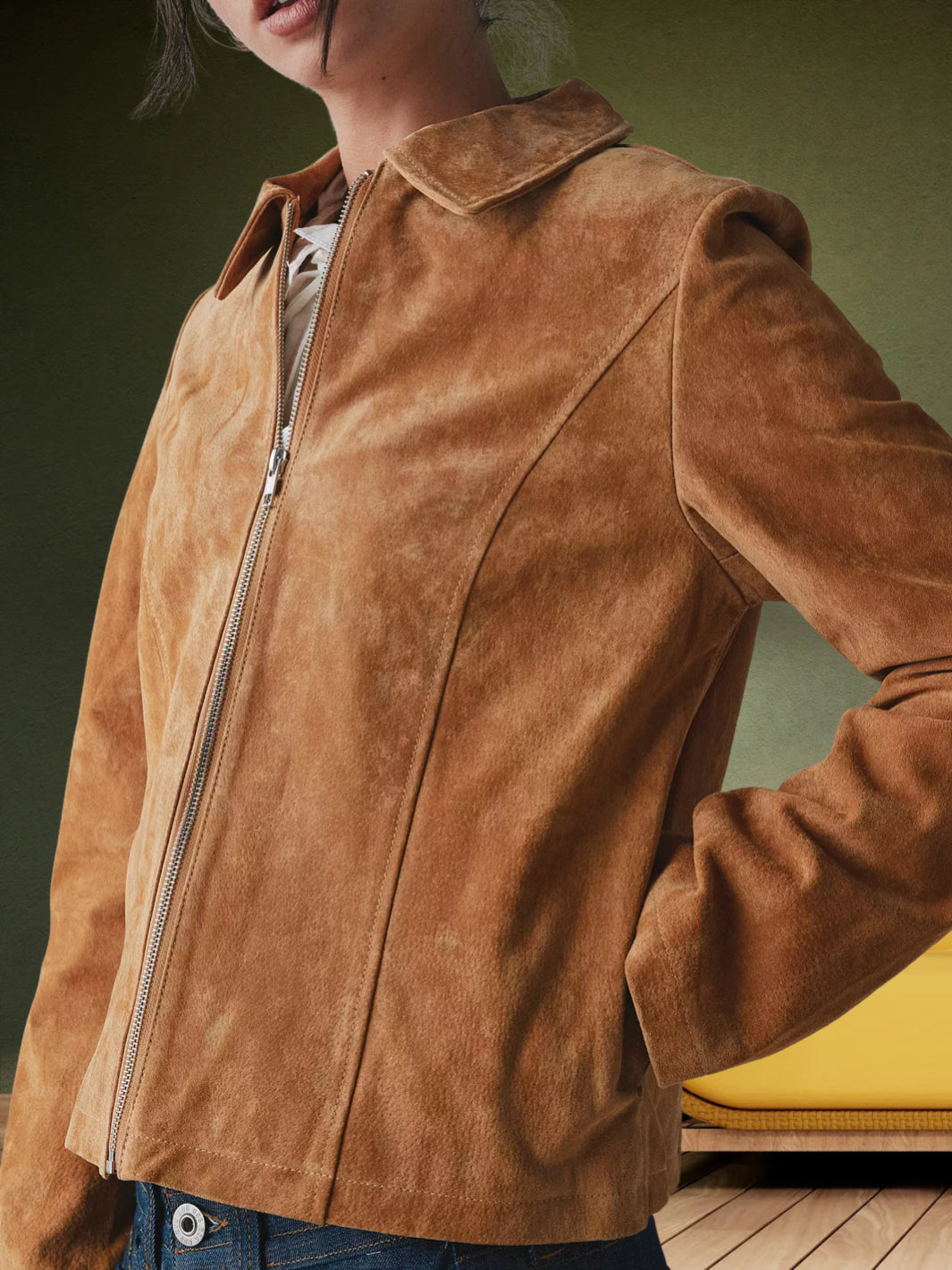 Suede Zip-Front Shirt Collar Jacket