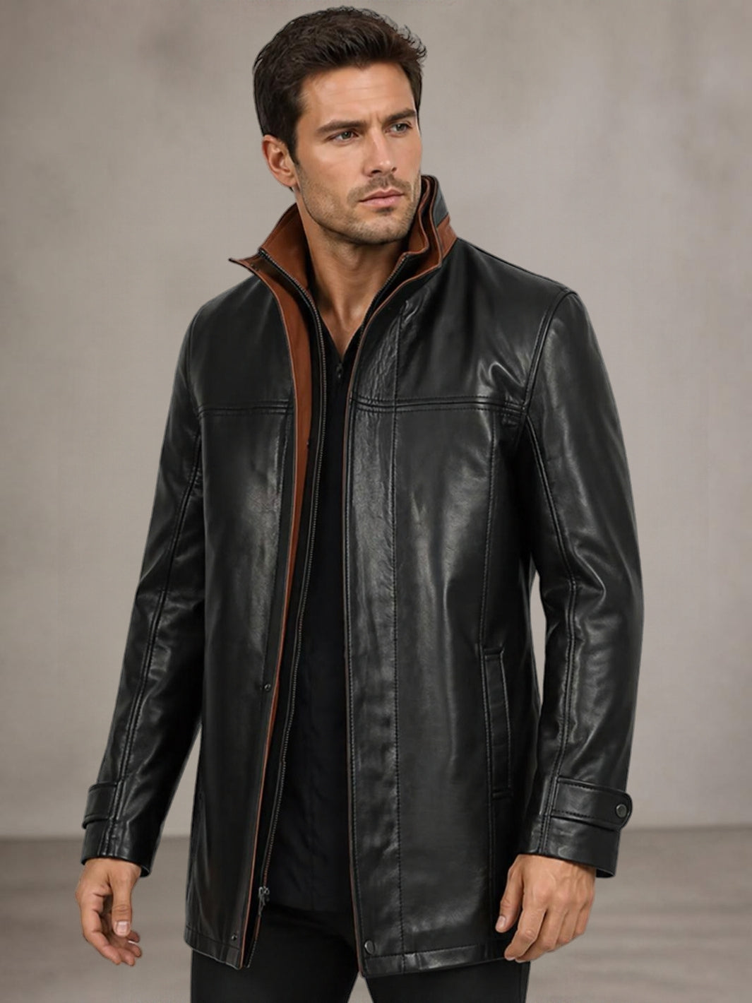Herren Lammfelllederjacke mit breitem Revers, 3/4-Länge