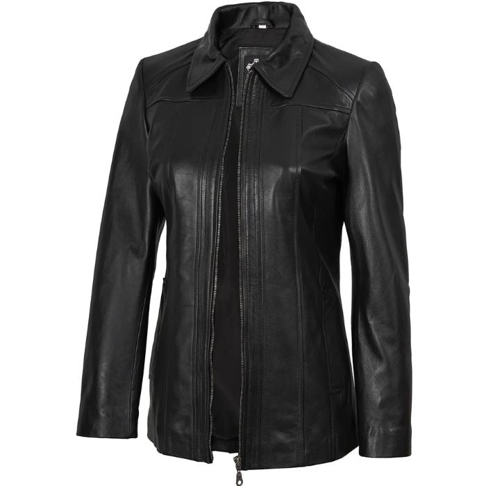 Manteau de voiture en cuir noir à col chemise pour femme Marsha