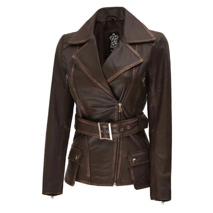 Veste de motard asymétrique en cuir vieilli marron pour femme