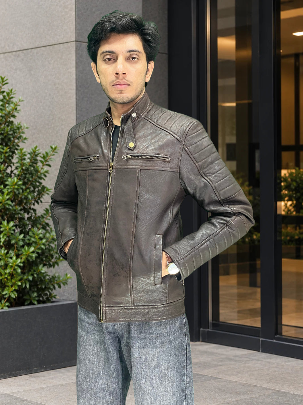 Gesteppte Herren-Lammleder-Bikerjacke