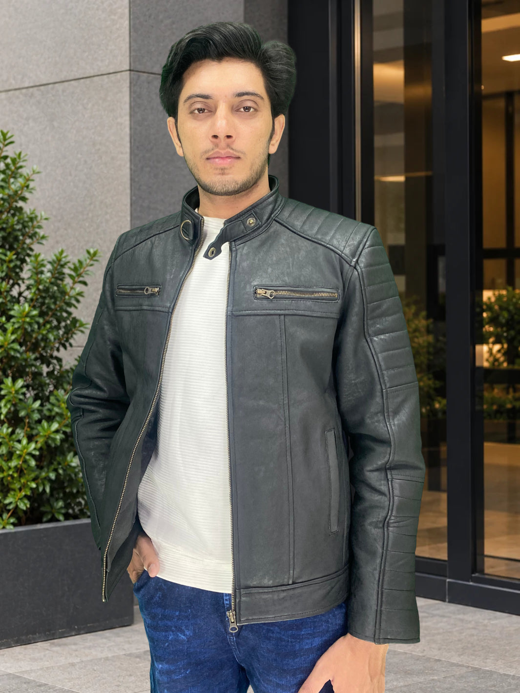 Gesteppte Herren-Lammleder-Bikerjacke