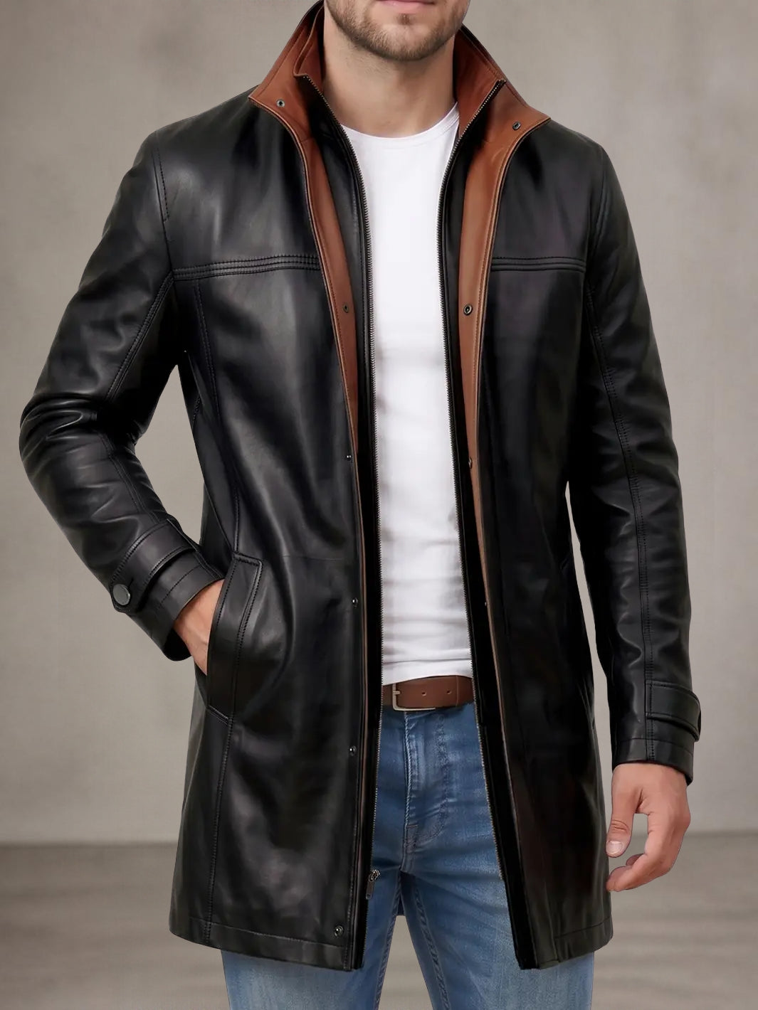 Herren Lammfelllederjacke mit breitem Revers, 3/4-Länge