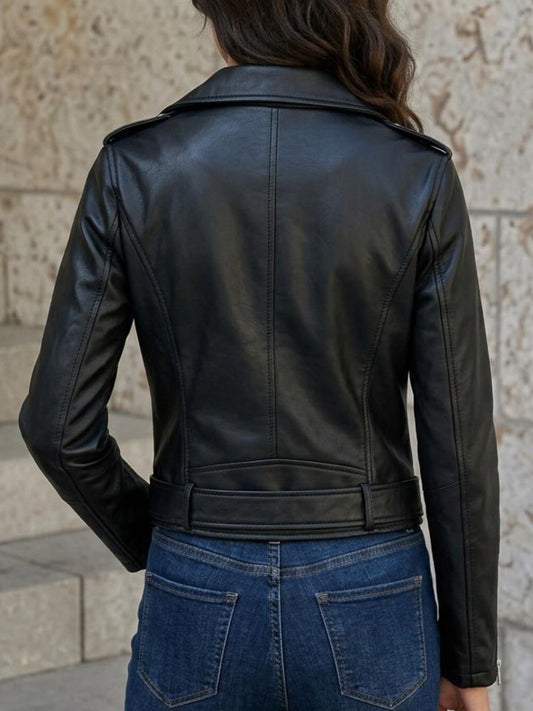 Asymmetrical Biker Style Leather Jacket with Belt