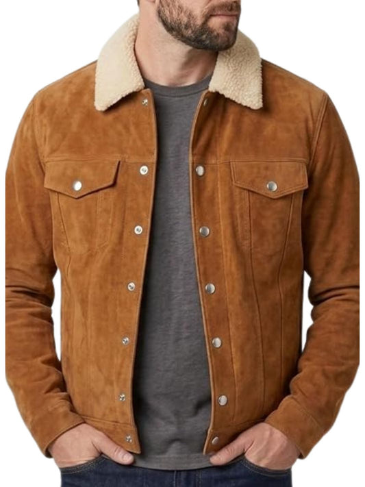 Suede Leather Trucker Jacket with Fur Collar