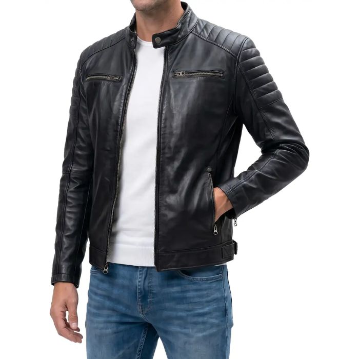 Men's Padded Lambskin Leather Biker Style Jacket
