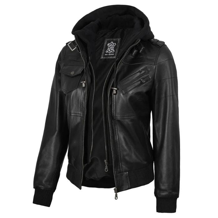 Blouson Aviateur Noir en Cuir Véritable pour Femme avec Capuche Amovible