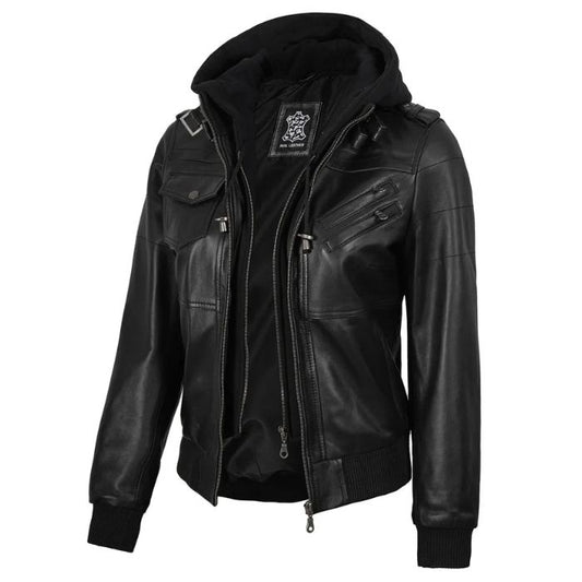 Blouson Aviateur Noir en Cuir Véritable pour Femme avec Capuche Amovible
