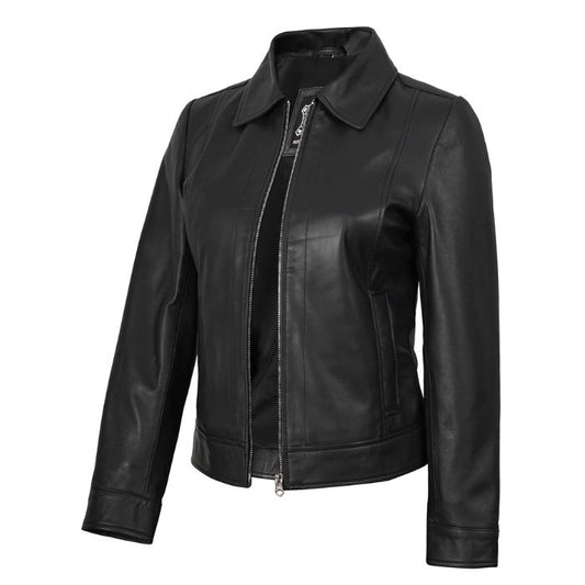 Blouson Harrington en cuir véritable noir pour femme