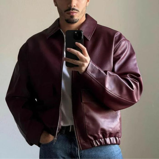 Men's Burgundy Leather Bomber Jacket | Oversized Vintage Style Zip-Up Jacket