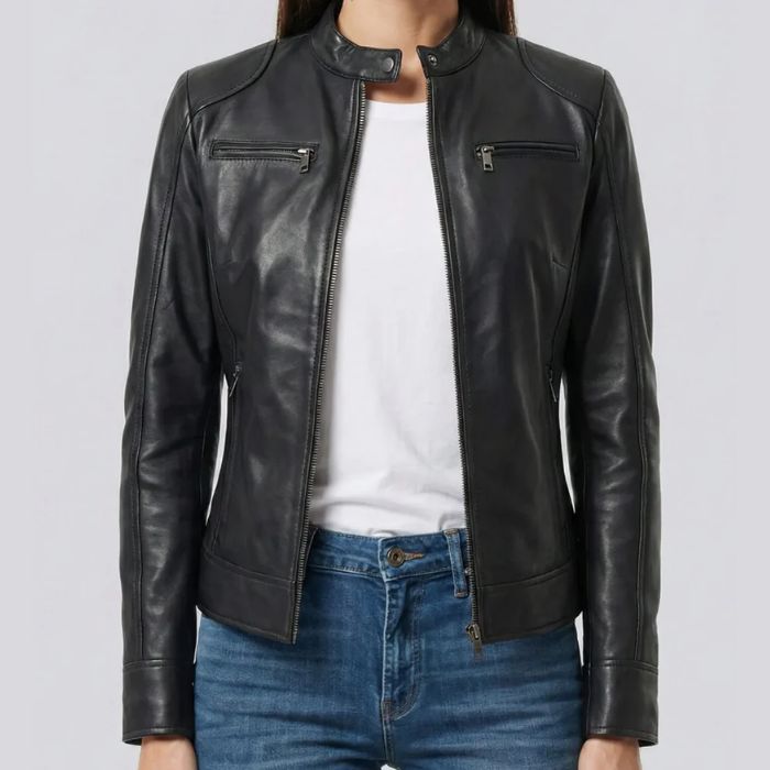 Blouson motard en cuir d'agneau pour femme