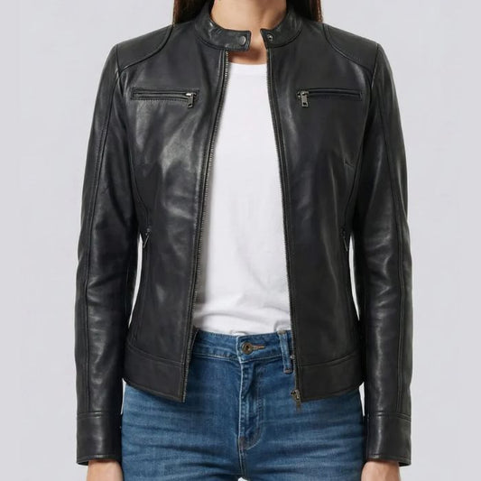 Blouson motard en cuir d'agneau pour femme