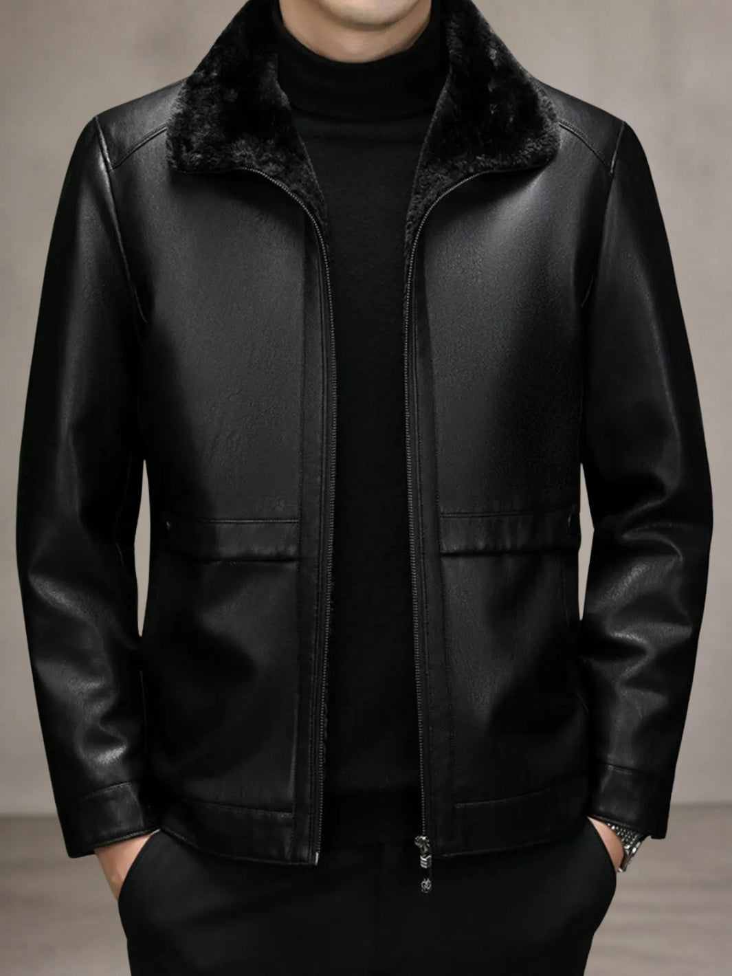 Herren Lederjacke mit Schaffellfutter in Schwarz