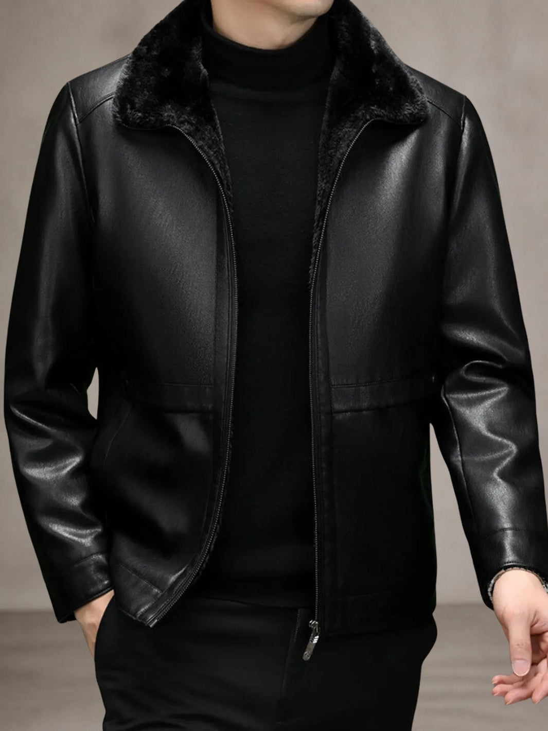 Herren Lederjacke mit Schaffellfutter in Schwarz