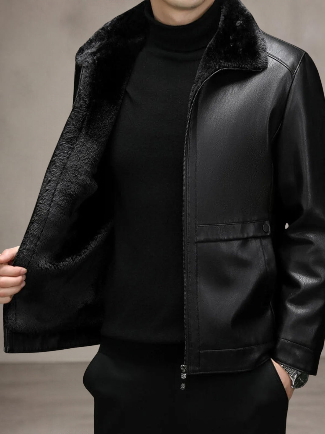 Herren Lederjacke mit Schaffellfutter in Schwarz