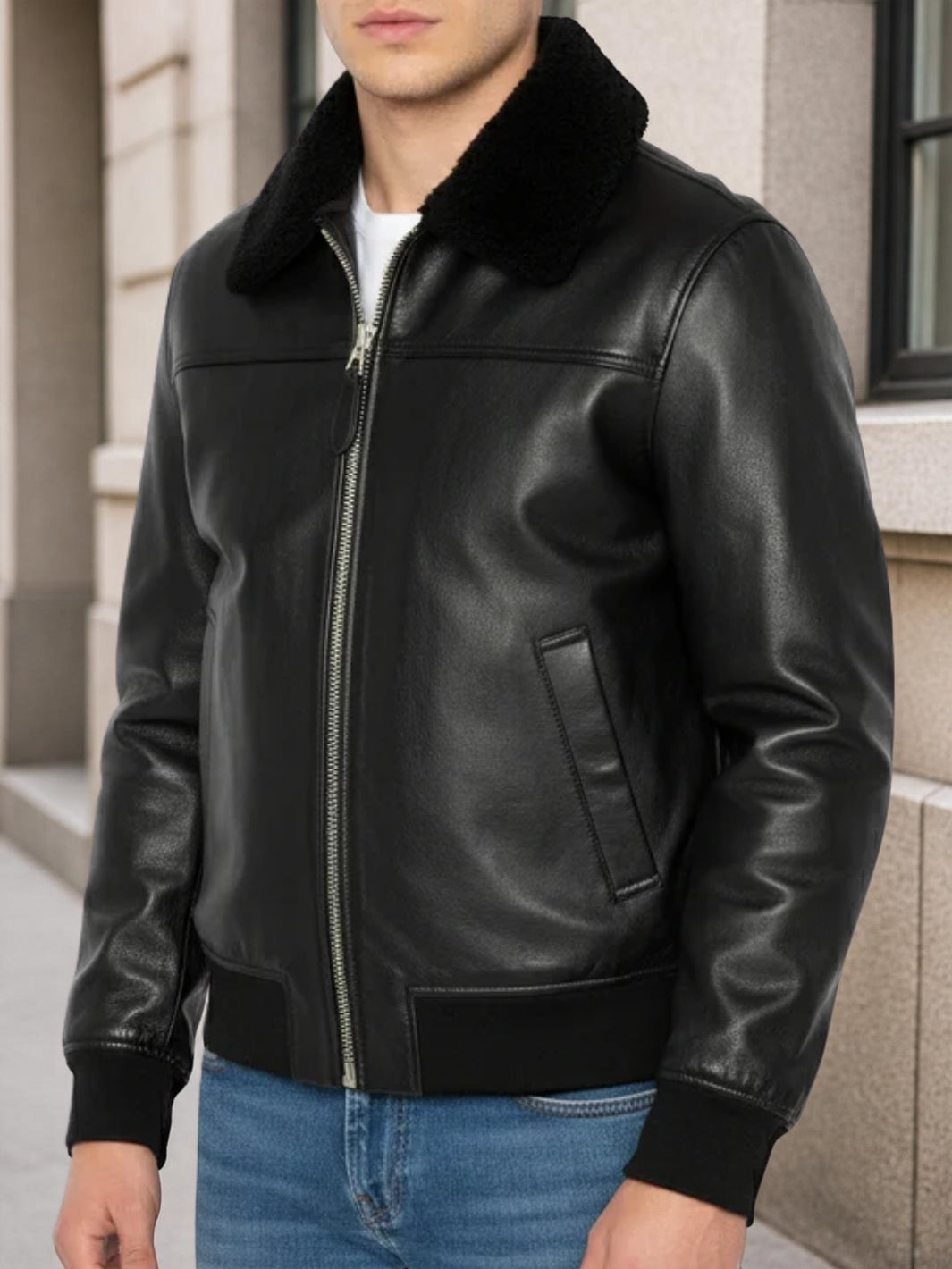 Herren Leder Bomberjacke mit Schaffell Shearling Kragen Gerippte Bündchen und Saum