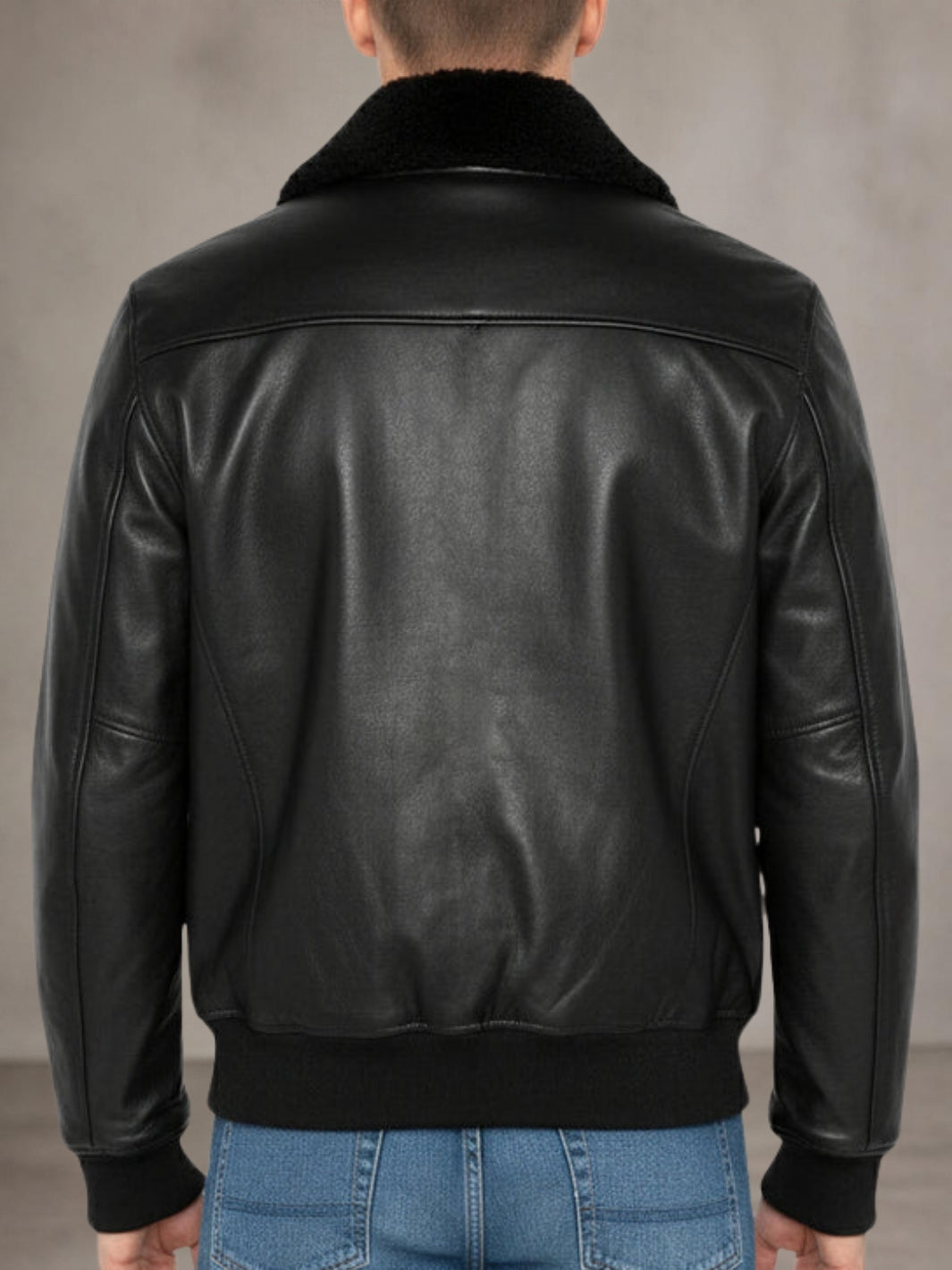 Herren Leder Bomberjacke mit Schaffell Shearling Kragen Gerippte Bündchen und Saum