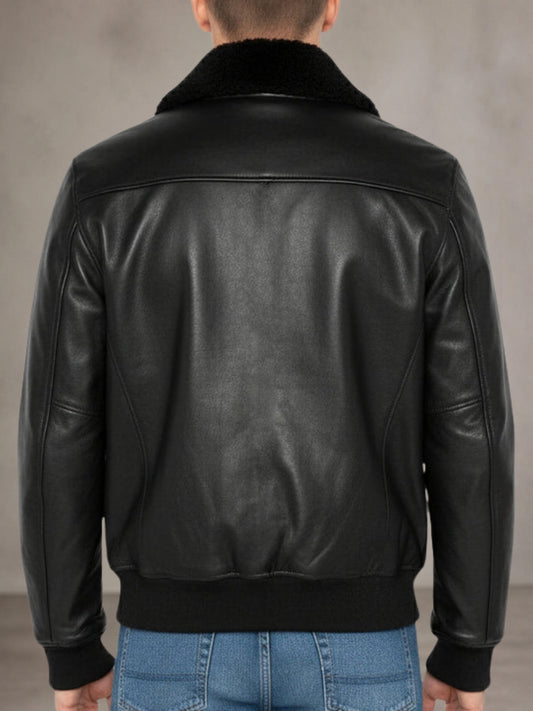 Blouson Aviateur en Cuir pour Homme avec Col en Peau Lainée et Poignets et Taille Côtelés