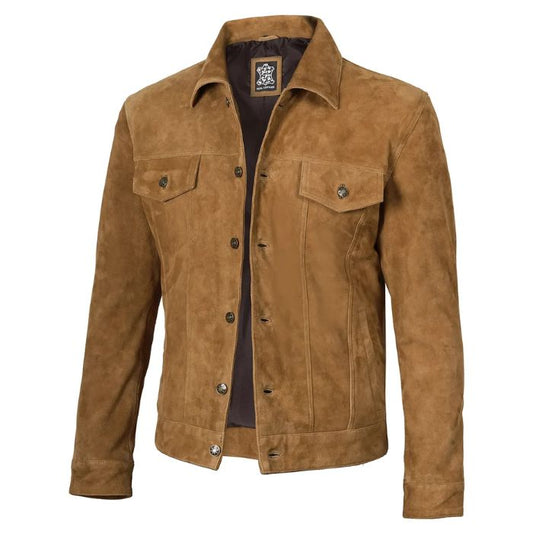 Men's Light Brown Trucker Style Suede Jacket