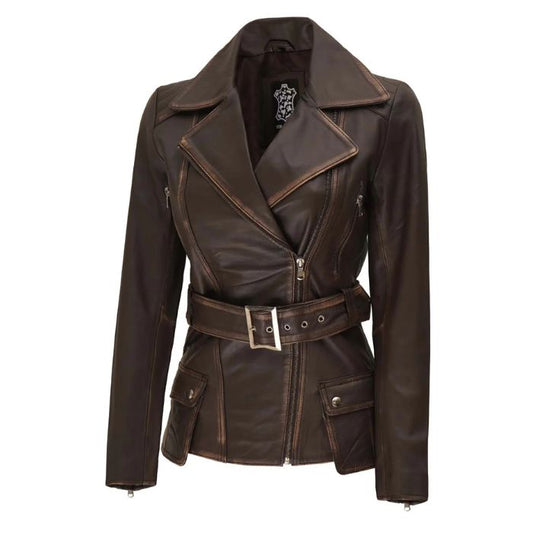 Veste de motard asymétrique en cuir vieilli marron pour femme