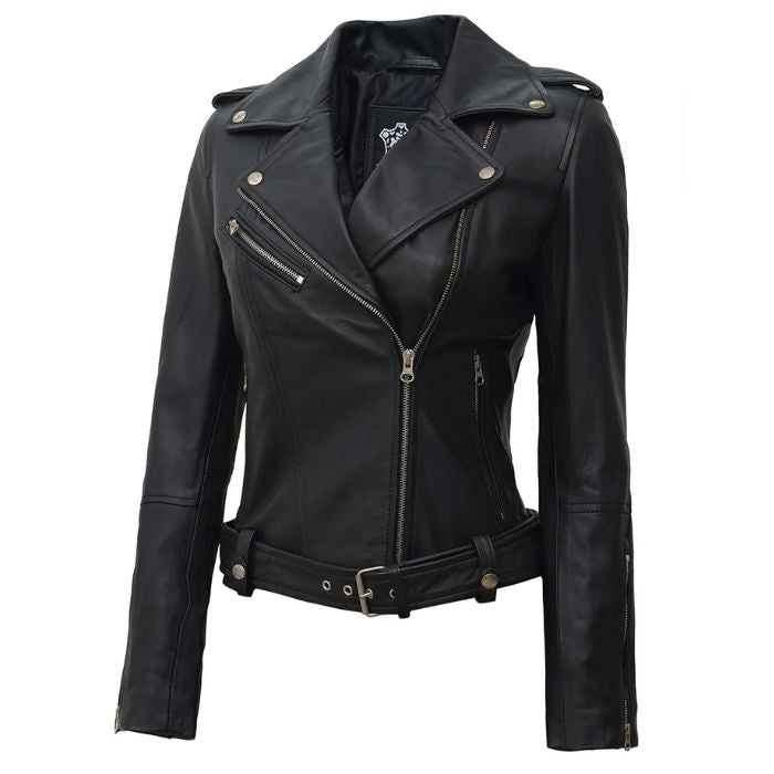 Veste en cuir asymétrique style motard femme