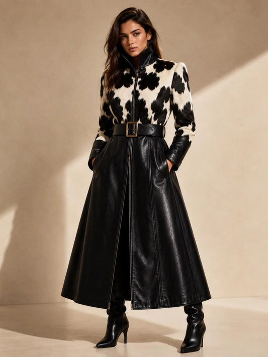 Black-and-White Hair on Hide & Leather Long Coat