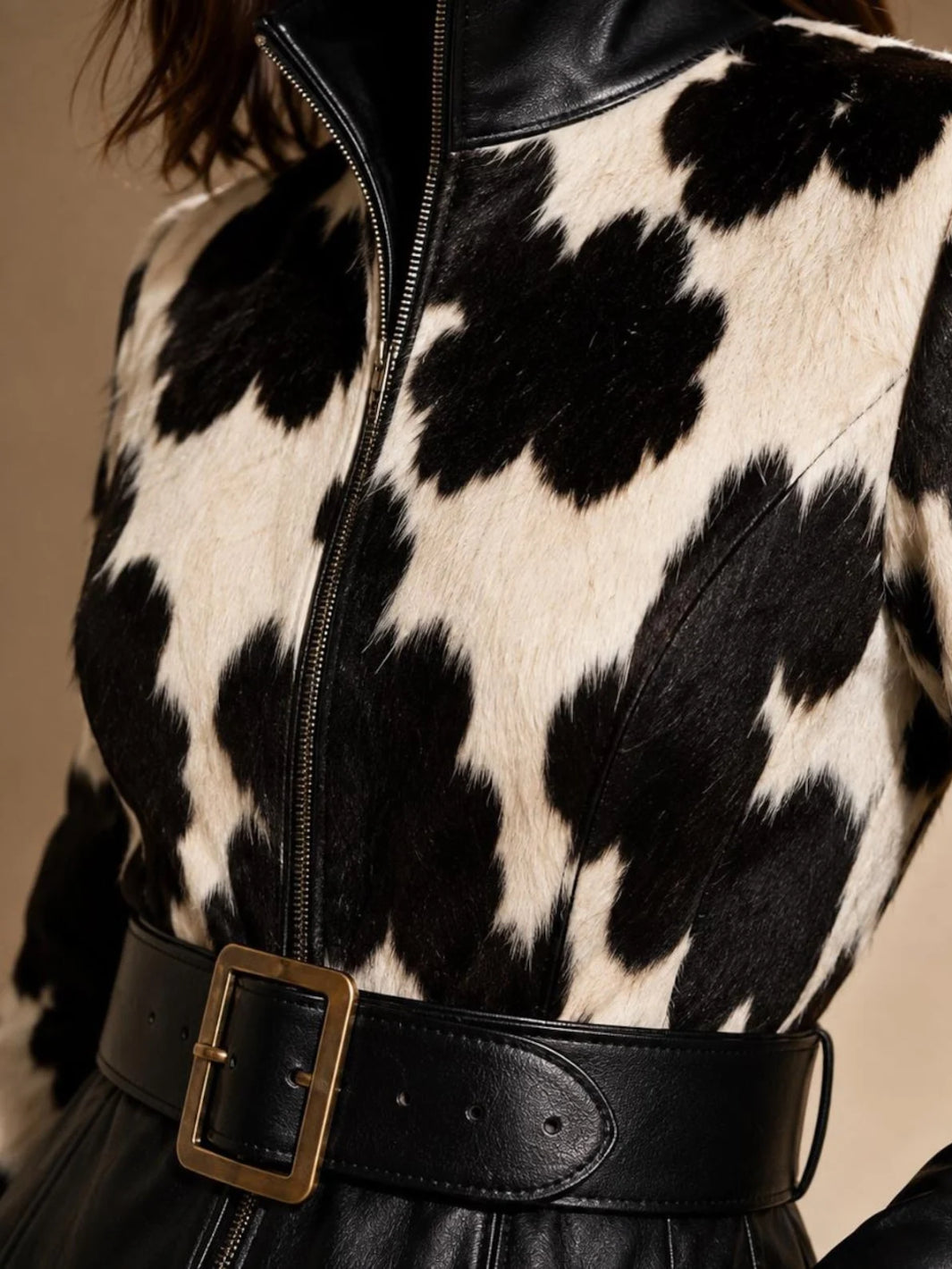 Black-and-White Hair on Hide & Leather Long Coat