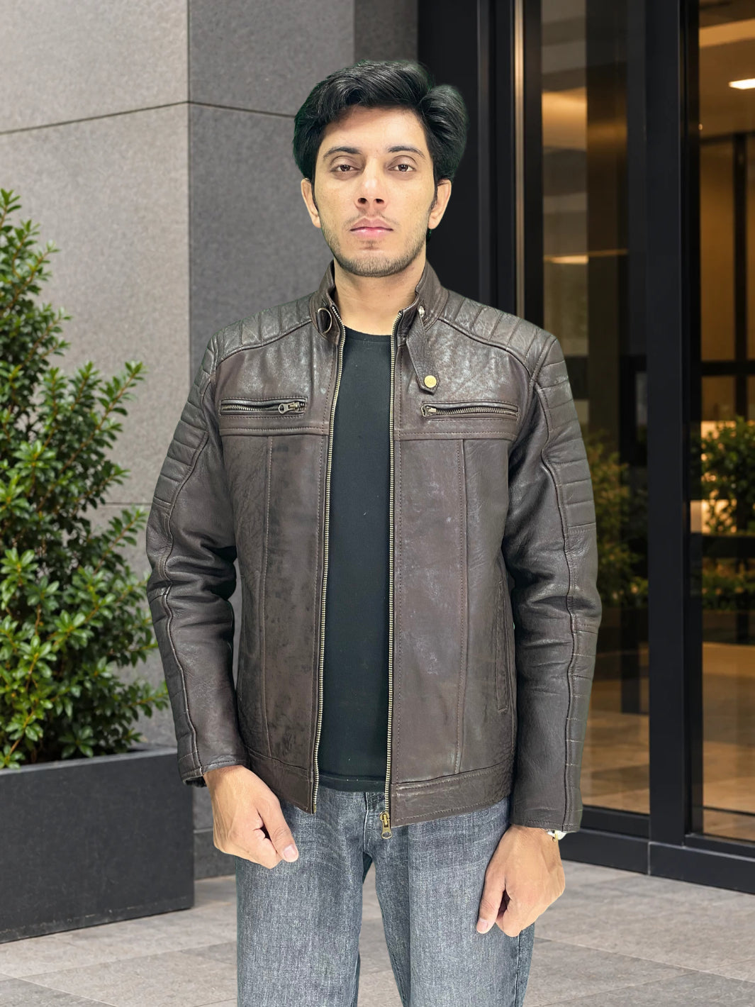 Gesteppte Herren-Lammleder-Bikerjacke