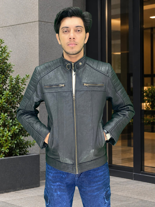Blouson Café Racer en Cuir Noir pour Homme