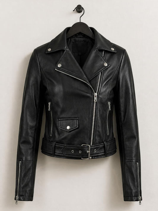 Asymmetrische Bikerlederjacke mit Gürtel