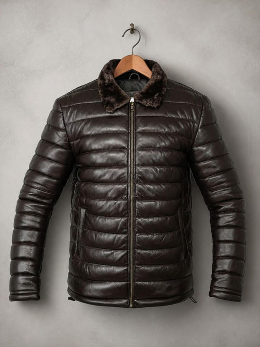 Leather Puffer Jacket with Fur Collar