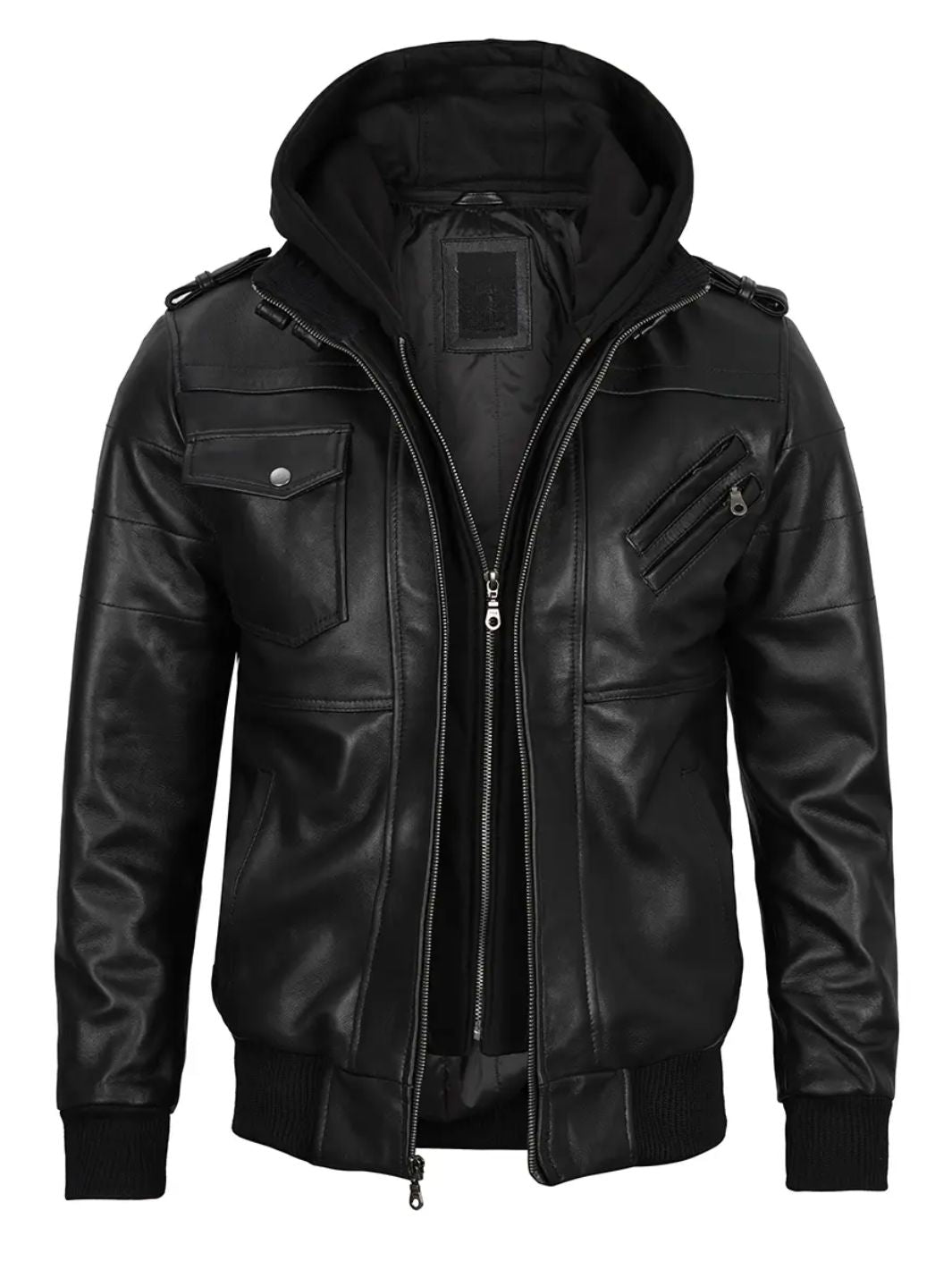 Blouson aviateur en cuir pour homme avec capuche amovible