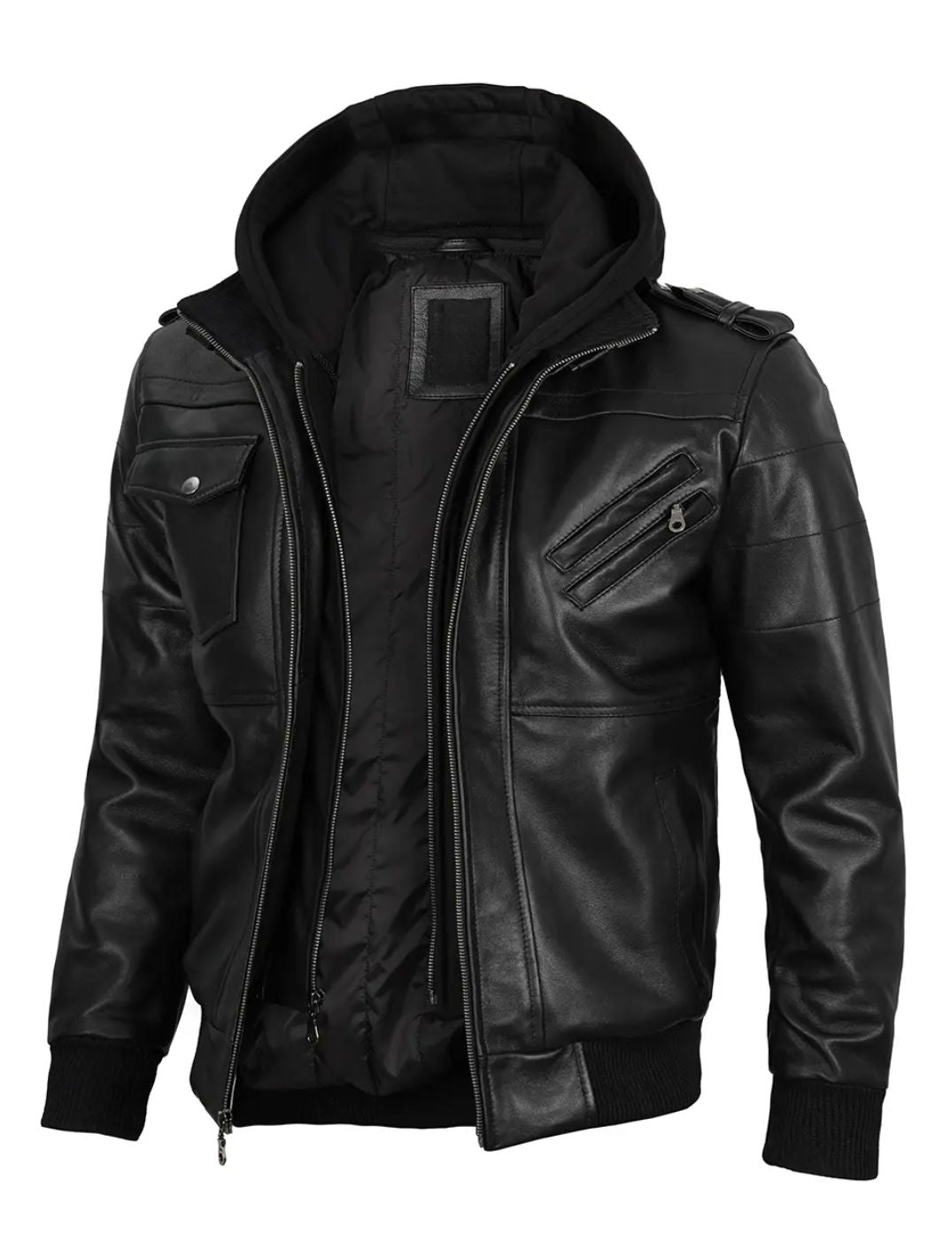 Blouson aviateur en cuir pour homme avec capuche amovible