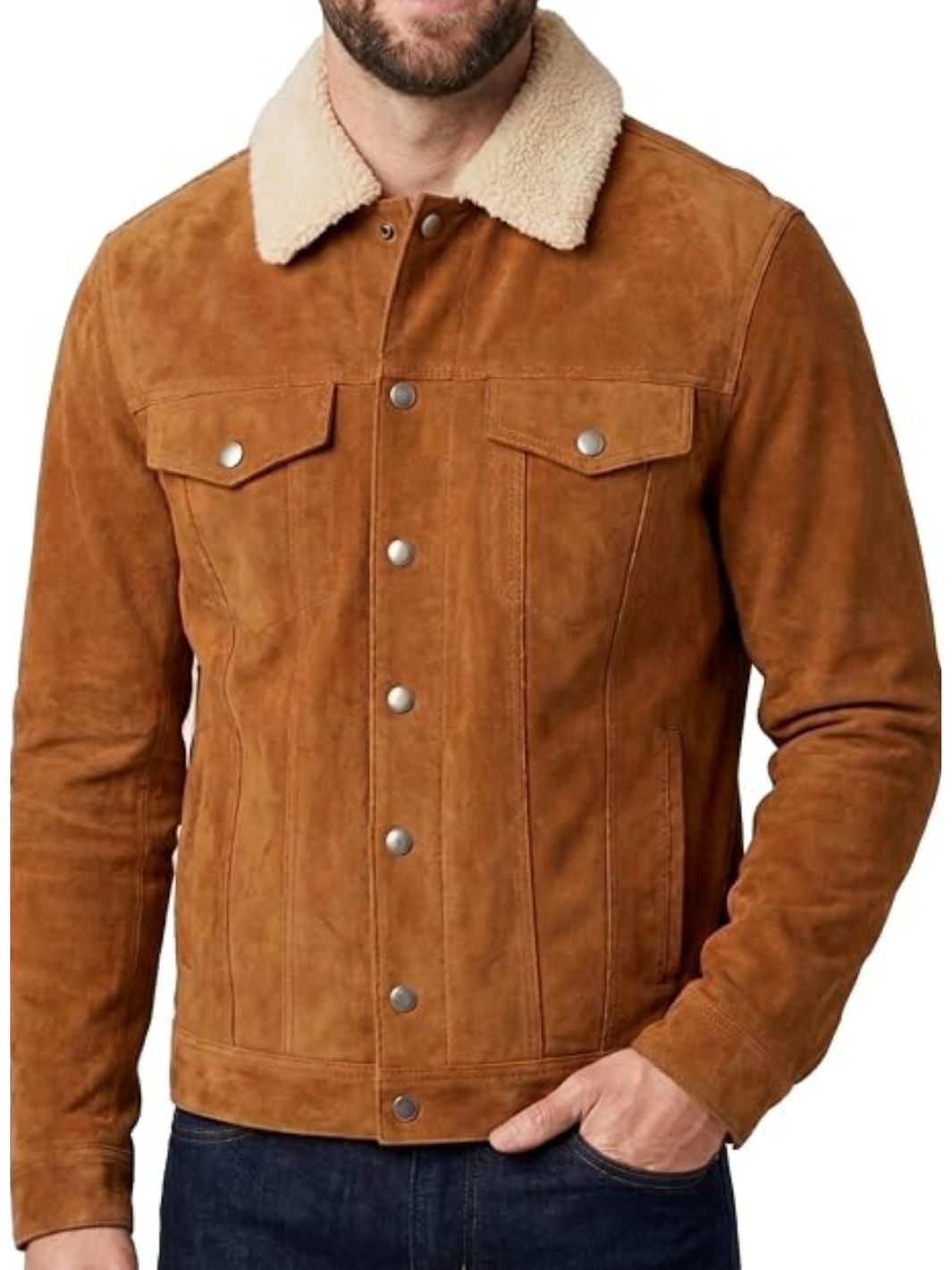 Suede Leather Trucker Jacket with Fur Collar