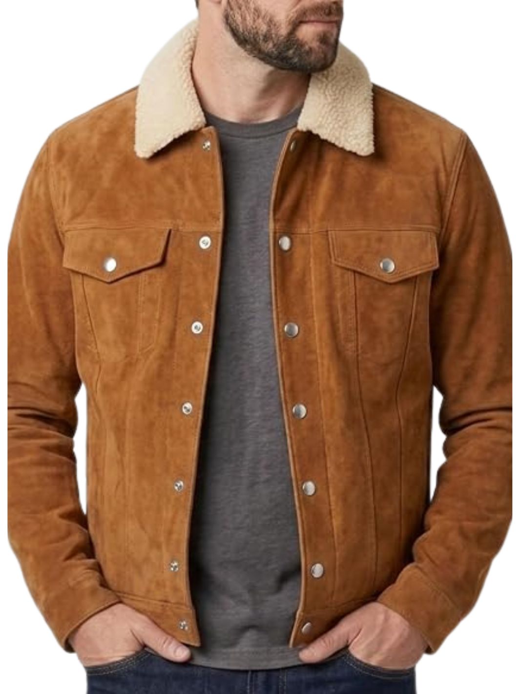 Suede Leather Trucker Jacket with Fur Collar