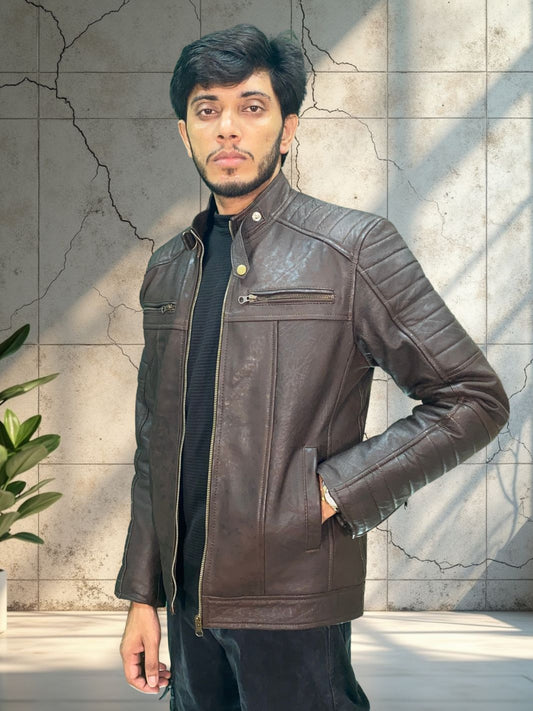 Padded Lambskin Biker Style Jacket (Unique Coal Effect Vintage Colour leather)
