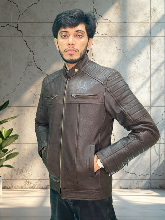 Padded Lambskin Biker Style Jacket (Unique Coal Effect Vintage Colour leather)