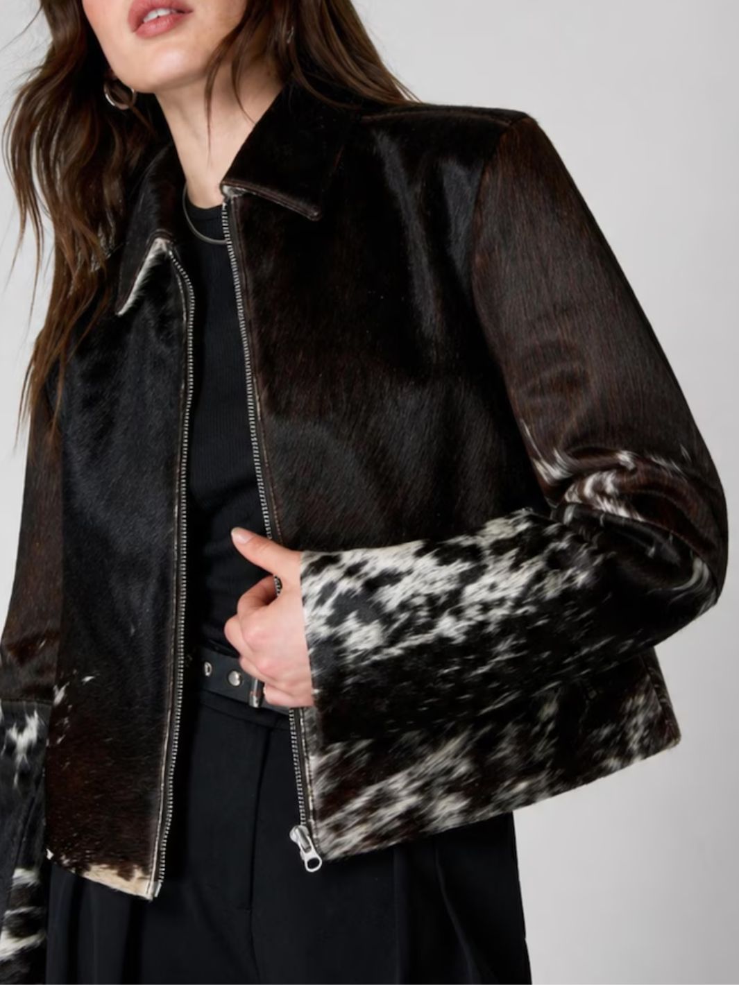 Cow Print Biker Jacket Brown