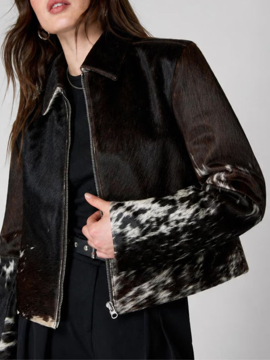 Cow Print Biker Jacket Brown