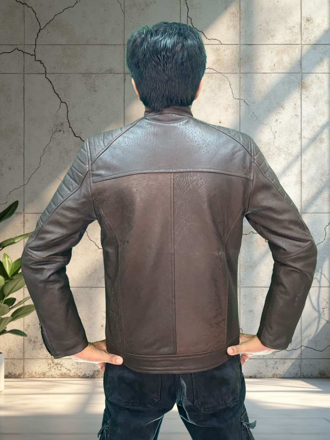 Padded Lambskin Biker Style Jacket (Unique Coal Effect Vintage Colour leather)