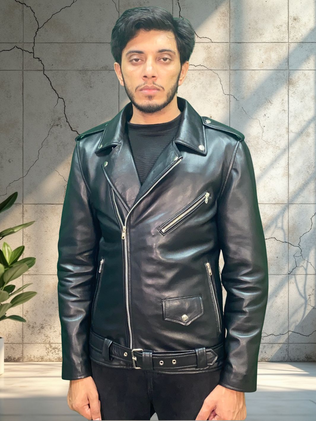 Asymmetrical Biker Jacket With Belt