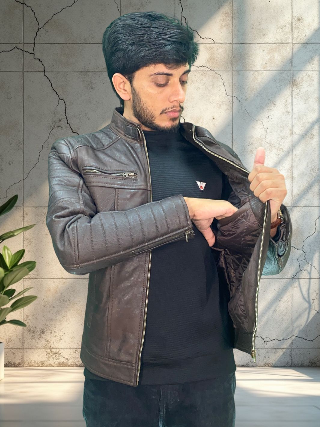 Padded Lambskin Biker Style Jacket (Unique Coal Effect Vintage Colour leather)