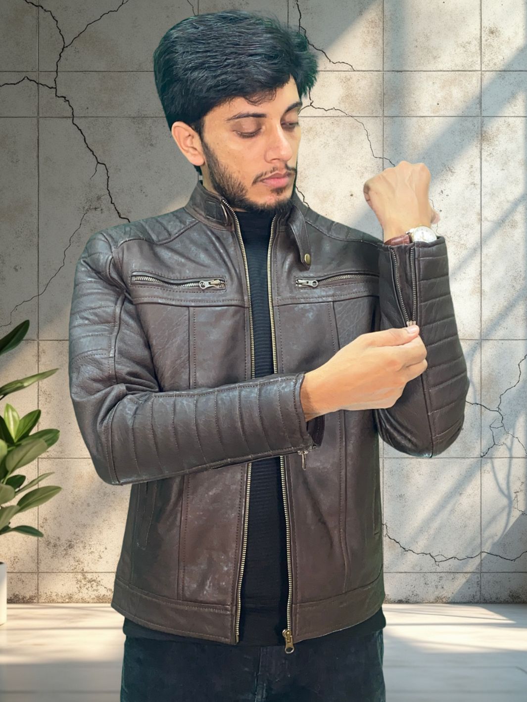 Padded Lambskin Biker Style Jacket (Unique Coal Effect Vintage Colour leather)