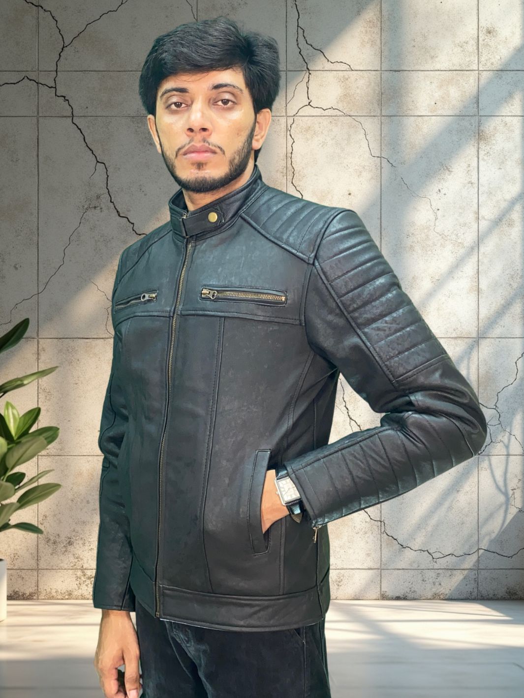 Padded Lambskin Biker Style Jacket (Unique Coal Effect Vintage Colour leather)