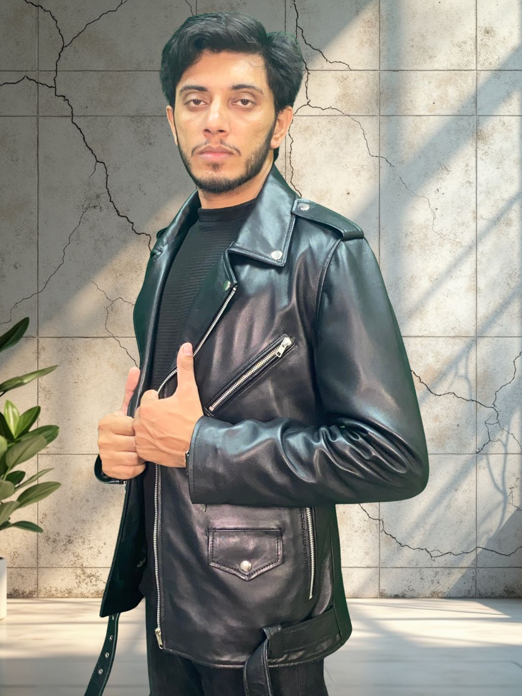 Asymmetrical Biker Jacket With Belt