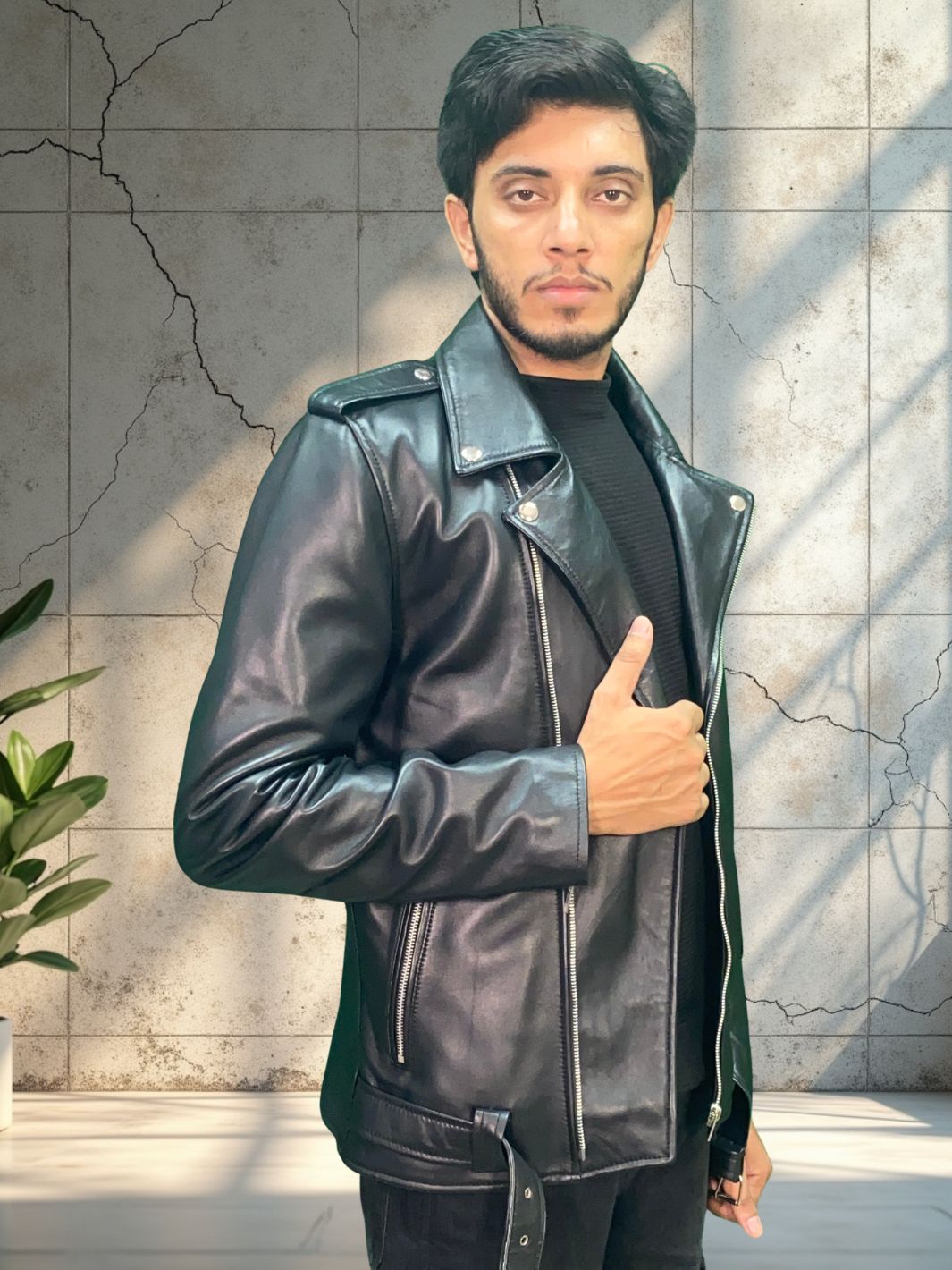 Asymmetrical Biker Jacket With Belt