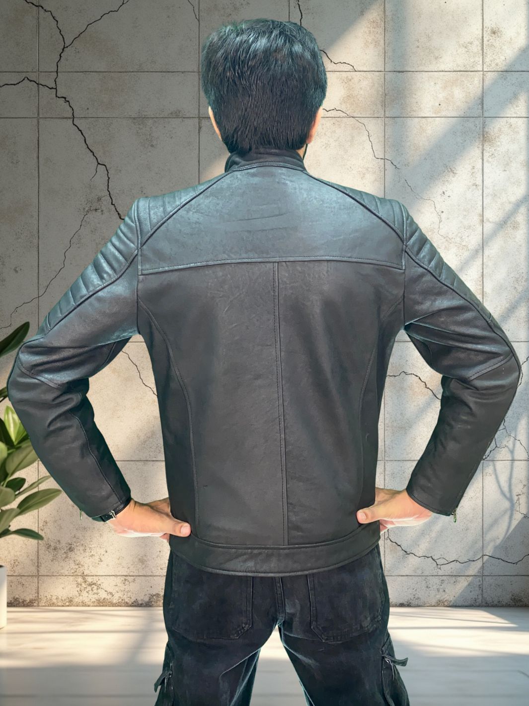 Padded Lambskin Biker Style Jacket (Unique Coal Effect Vintage Colour leather)
