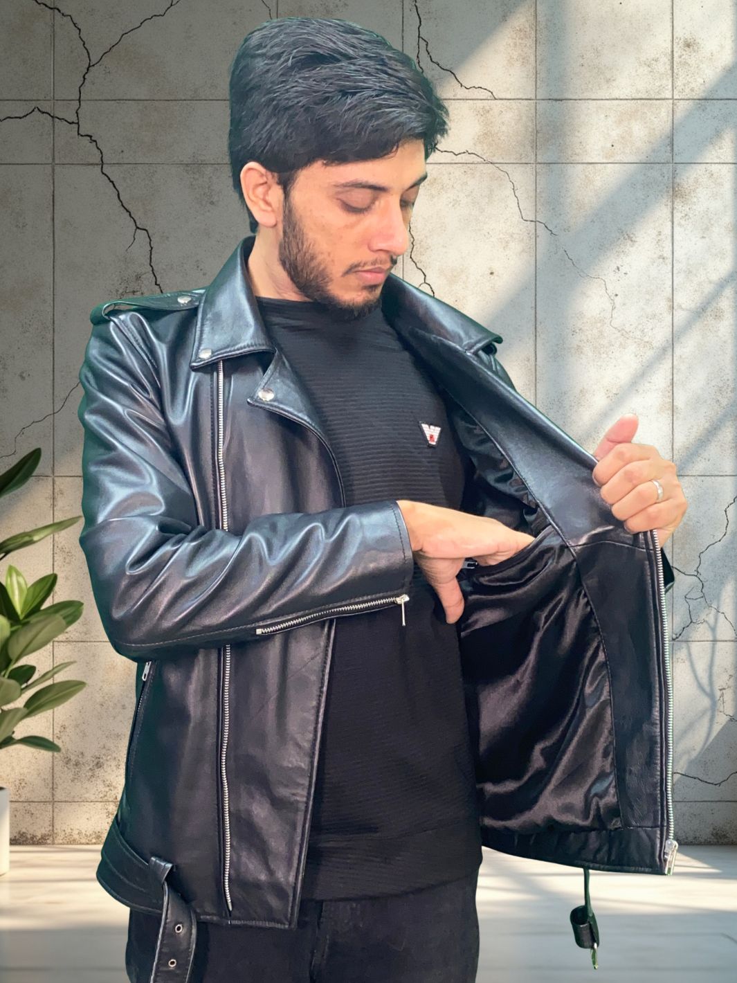 Asymmetrical Biker Jacket With Belt