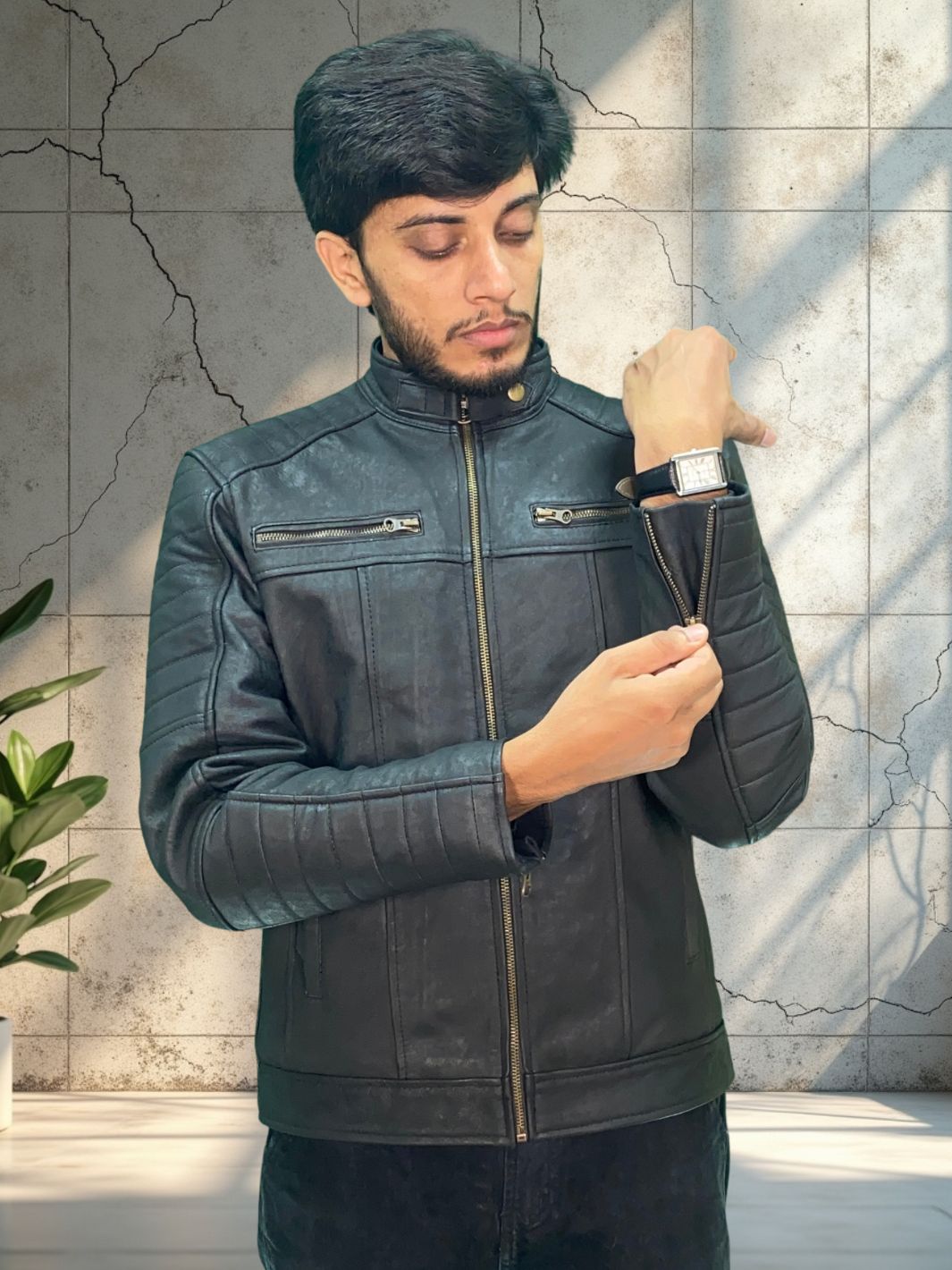 Padded Lambskin Biker Style Jacket (Unique Coal Effect Vintage Colour leather)
